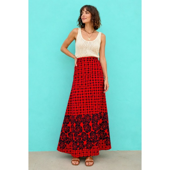 Vintage Dresses & Skirts - Vintage 70s Red Maxi Skirt Floral Mod Disco‎ Boho Kitsch XS High Waist Long